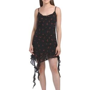 Clover Black Cherry Print Slip Dress Womens Medium L Ruffle Hem Y2K Summer Party